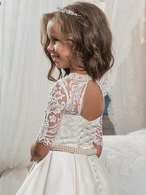 Ball Gown Matte Satin Jewel Neck Sweep Brush Train Wedding Birthday Pageant Flower Girl Dresses with Sleeves-27dress